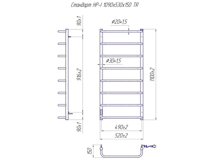 Рушникосушарка електрична MARIO Стандарт HP-I 1090 x 530 TR К таймер-регулятор - Основні контакти 06
