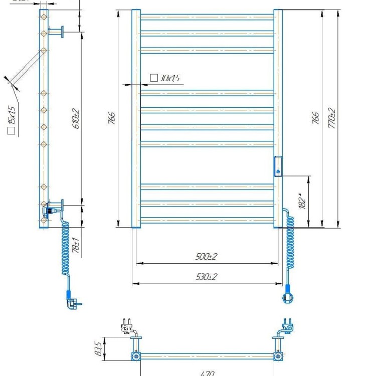 Рушникосушарка електрична MARIO Кіото-I 770 x 530 TR2.0 К таймер-регулятор - Основні контакти 06