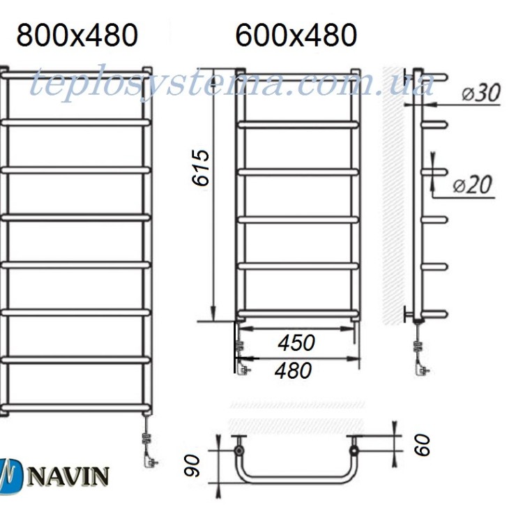 Полотенцесушитель электрический NAVIN Симфония 480 х 600 (с терморегулятором) - Основные контакты 04