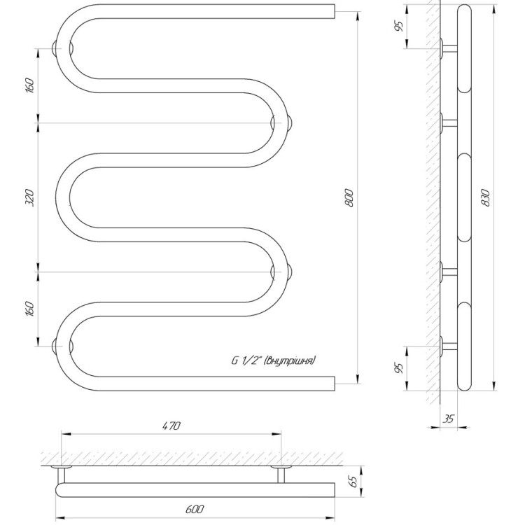 Водяна рушникосушарка LARIS Змійовик 30 РС5 600 х 800 1/2'' - Основні контакти 03