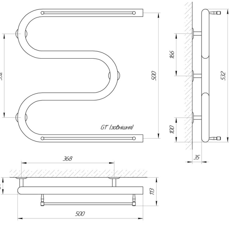 Водяна рушникосушарка LARIS Змійовик 32 РС3 500 х 500 1'' з 2-а полицями - Основні контакти 04
