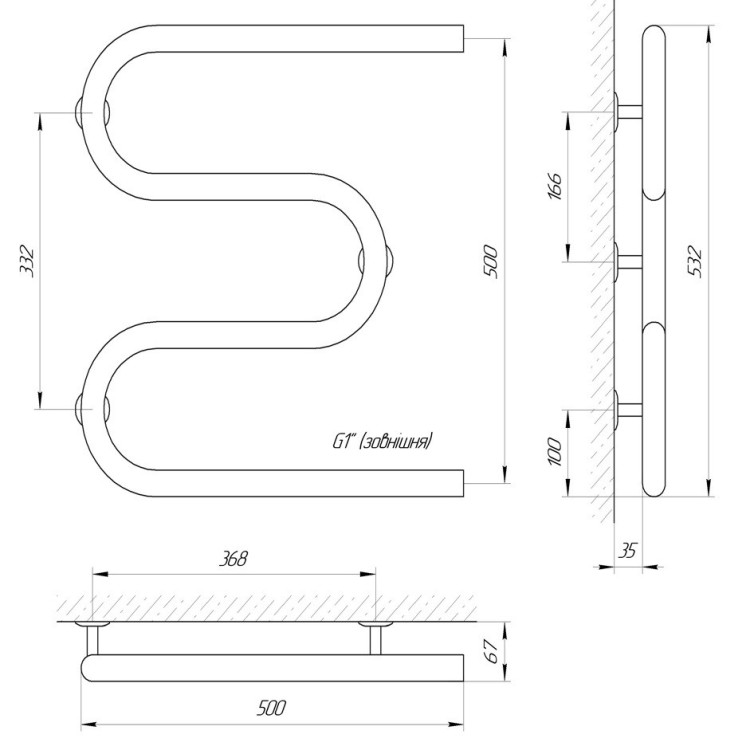 Водяна рушникосушарка LARIS Змійовик 32 РС3 500 х 500 1'' - Основні контакти 05