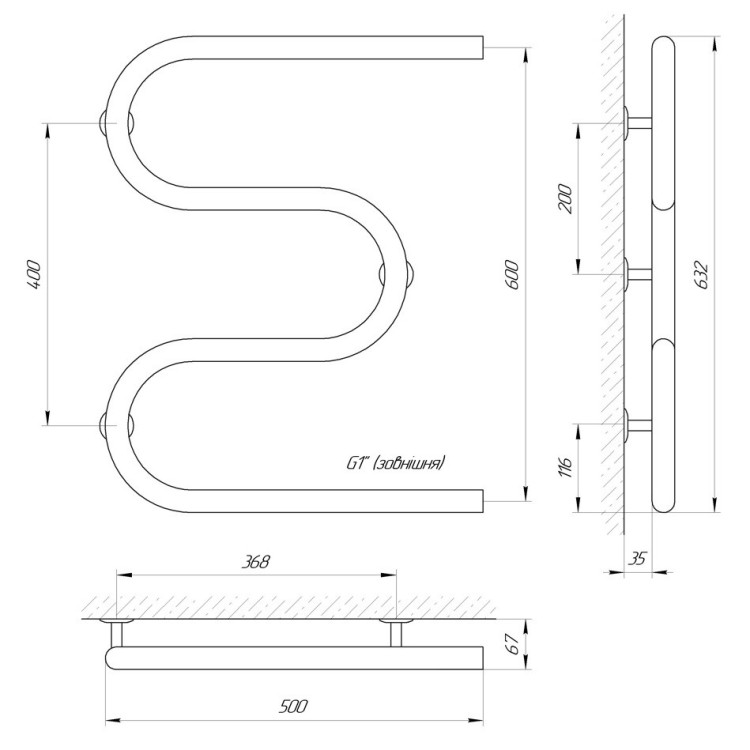 Водяна рушникосушарка LARIS Змійовик 32 РС3 500 х 600 1'' - Основні контакти 04
