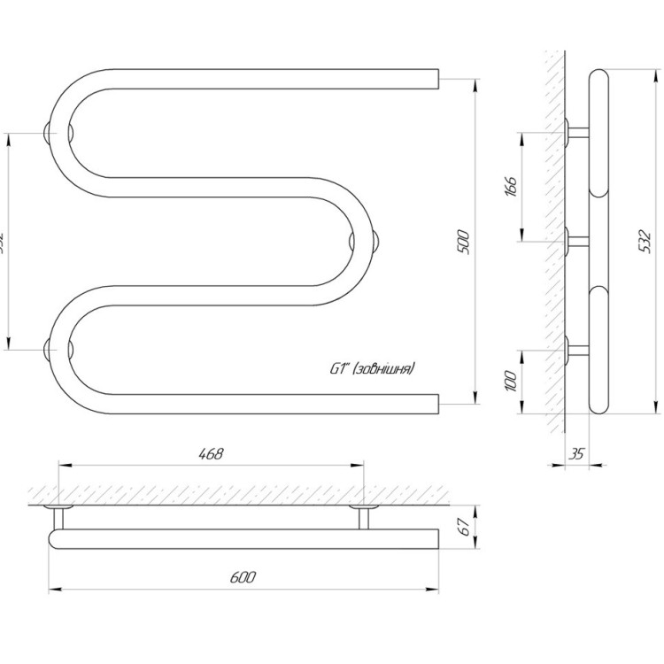 Водяна рушникосушарка LARIS Змійовик 32 РС3 600 х 500 1'' - Основні контакти 05