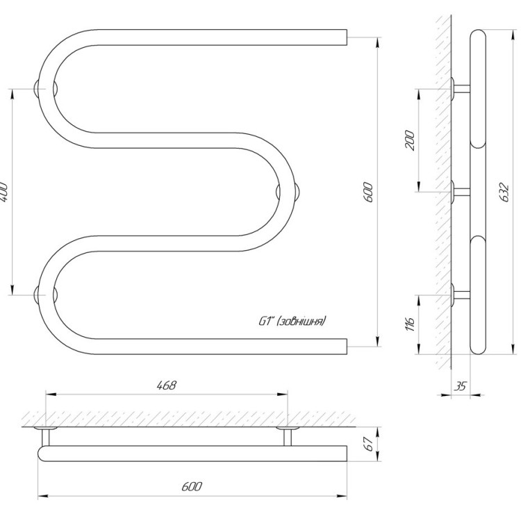 Водяна рушникосушарка LARIS Змійовик 32 РС3 600 х 600 1'' - Основні контакти 05