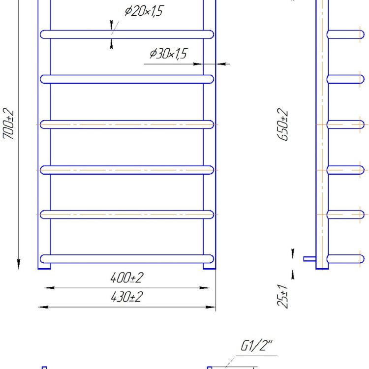Полотенцесушитель водяной MARIO Стандарт 700/430/400 - Основные контакты 03