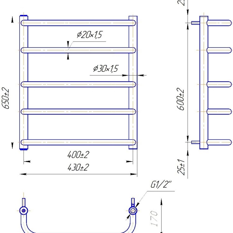 Рушникосушарка водяна MARIO Стандарт HP 650x430/400 - Основні контакти 02