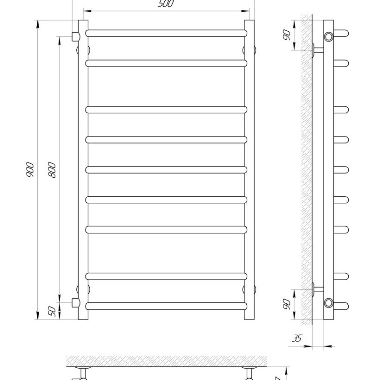 Водяна рушникосушарка Laris  Класік П9 500 х 900 бокове підключення 1/2" - Основні контакти 06